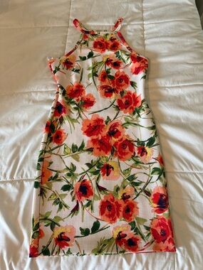 iris Summer White Midi Dress with Red-Blush Floral Print